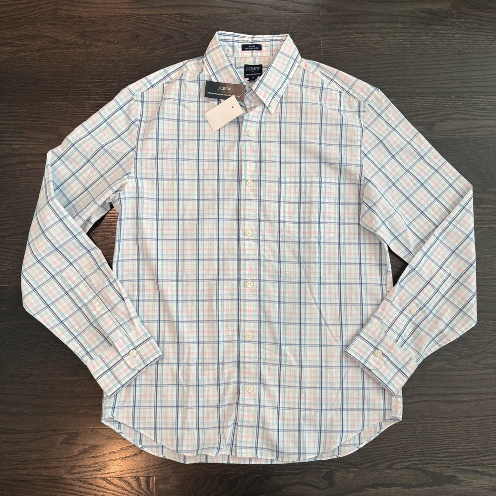J. Crew Men's Light Blue and Pink Plaid Button-Down Shirt
